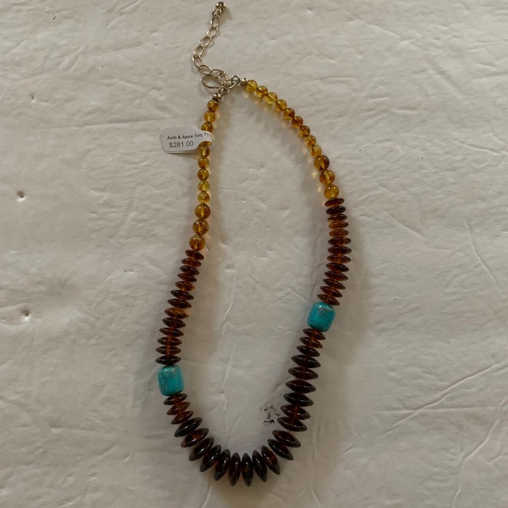 Jay King Amber & Azur Turquoise necklace 20" Sterling Silver clasp